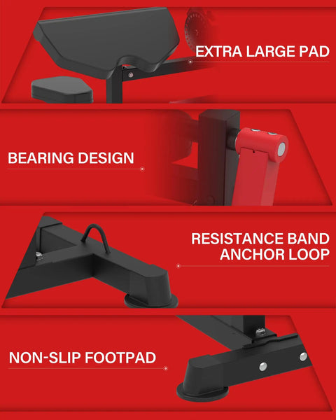 Detailed view of extra large pad, bearing design, resistance band anchor loop, and non-slip footpad on 2 In 1 Bicep And Tricep Curl Machine With Adjustable Preacher Arm And Plate Loaded Design For Home Gym Red