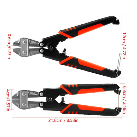 Built Tough And Ridiculously Handy 8 Inch Chrome Vanadium Wire Bolt Cutter With Hella Comfortable Ergonomic Handles And Razor Sharp Blades that snip thin wire and cables fast.