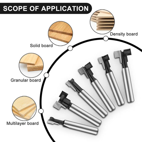 Six Piece Keyhole And T Slot Router Bit Set With 1 Quarter Inch Shanks, Pro Grade Cutter Diameters shown with scope of application