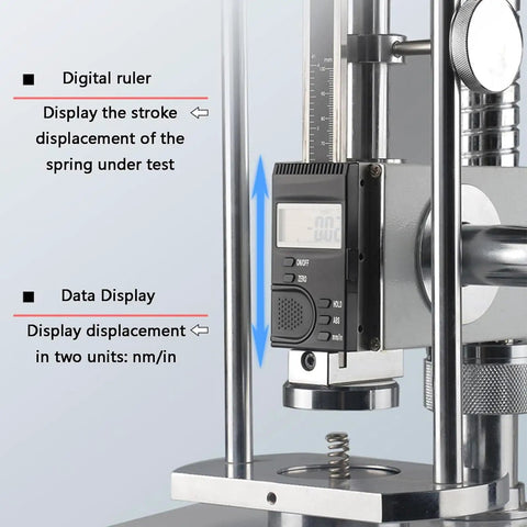Beast Of A Digital Spring Tester And Tension Gauge For Spring Load, Pull And Compression With LCD Display, Real-Time, Peak, And Auto-Peak Modes, 500N Capacity, Reads In N, Kg, And Lb, Easy-Read Mechanical Testing Tool showing digital ruler and spring displacement display