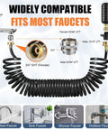 Heavy Duty Three Piece Drain Bladder Kit That Hits Hard On Clogged Lines Fast Using Power Pulse Water Pressure To Blast Hair And Grease Gunk Straight Out Works Magic With Ten Foot Retractable Hose And Brass Faucet Hookup For Home Plumbing Repairs showing faucet compatibility and connections with coiled hose.