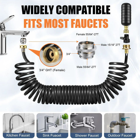 Heavy Duty Three Piece Drain Bladder Kit That Hits Hard On Clogged Lines Fast Using Power Pulse Water Pressure To Blast Hair And Grease Gunk Straight Out Works Magic With Ten Foot Retractable Hose And Brass Faucet Hookup For Home Plumbing Repairs showing faucet compatibility and connections with coiled hose.