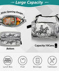 Cowboy Rides A Horse Desert Themed Insulated Lunch Bag For Work Or School, wide opening showing lunch contents, 10 can capacity