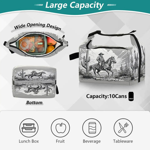 Cowboy Rides A Horse Desert Themed Insulated Lunch Bag For Work Or School, wide opening showing lunch contents, 10 can capacity