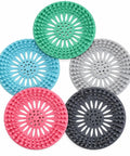 5 Pack Shower Drain Hair Catcher, 5.3 Inch Covers for Bathtub in assorted colors including pink, blue, green, gray, and black.