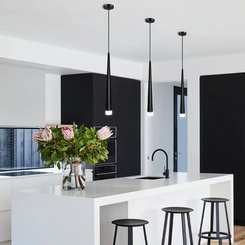 Black LED Pendant Lights 3 Pack Dope Modern Conical Dimmable Pendant Lighting With Acrylic Shade in kitchen setting