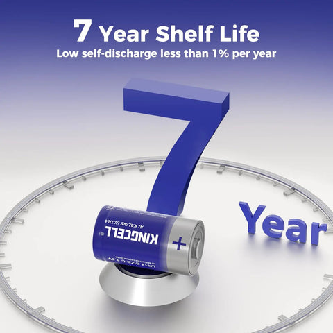 Tough As Nails Size C Alkaline Batteries 8 Pack 1 5 Volt displayed with 7 year shelf life graphic, emphasizing longevity and reliability.