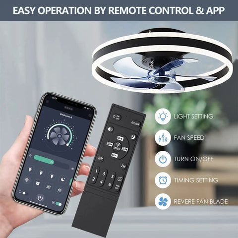 Low Profile Flush Mount Ceiling Fan With Dimmable LED Light And Remote Bladeless 19.7 Inch Indoor Ceiling Fan with app and remote control