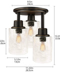 Three Light Semi Flush Mount Ceiling Light With Vintage Oil Rubbed Bronze Finish And Clear Seeded Glass Shades Perfect For Hallways Entryways Kitchens Porches And Stairs Built To Last With A Cool Rustic Vibe And Warm Glow shown with detailed dimensions, displaying metal canopy and seeded glass design.