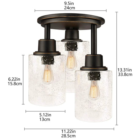 Three Light Semi Flush Mount Ceiling Light With Vintage Oil Rubbed Bronze Finish And Clear Seeded Glass Shades Perfect For Hallways Entryways Kitchens Porches And Stairs Built To Last With A Cool Rustic Vibe And Warm Glow shown with detailed dimensions, displaying metal canopy and seeded glass design.