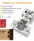60 Pack Overlay Soft Close Cabinet Hinges, Adjustable Closing Speed For Easy Peasy Kitchen Refresh, 105 Degree Concealed Face Frame, Heavy Duty Self Closing Hardware With No Sweat Install Template package contents including screws and positioning piece.