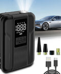 Go To Tire Inflator Portable Air Pump 150 PSI Battery Powered with digital display, nozzles, and USB cables next to a car