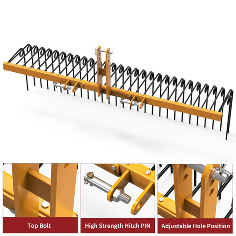 72 Inch Tow Behind Landscape Rake With 32 Steel Tine Dethatcher For Category 1 Tractors, Heavy Duty Powder Coated Finish