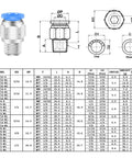 Diagram and size chart for Pro Grade One Quarter Inch NPT Push To Connect Air Fittings For Six Millimeter Tube Outer Diameter