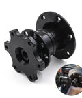 Shred The Pavement With This Universal Quick Release Steering Wheel Hub Adapter made of aluminum, black finish, detailed view.