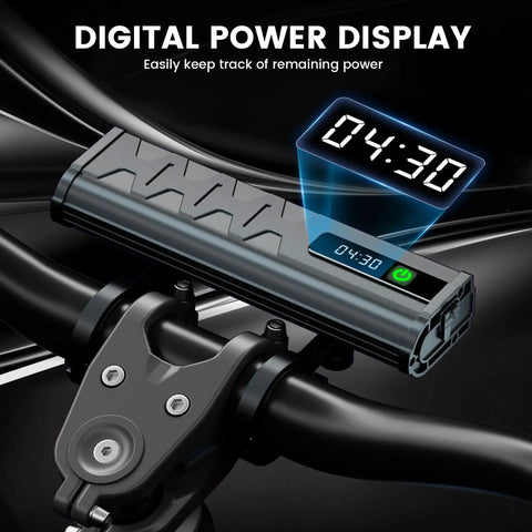 Ultra Bright 5000 Lumen Bike Front Light And Taillight Combo with digital power display mounted on handlebar