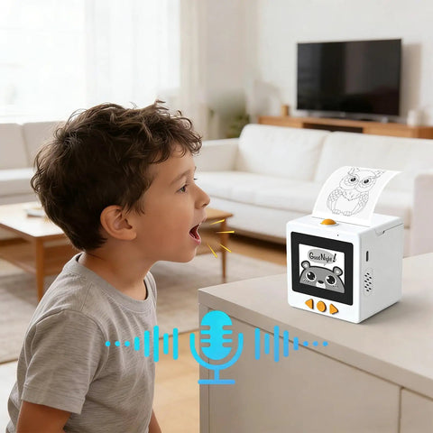 Child using Sweet Smart AI Voice Activated Sticker Printer Portable Inkless Thermal Craft Device With Touchscreen Panel for art.