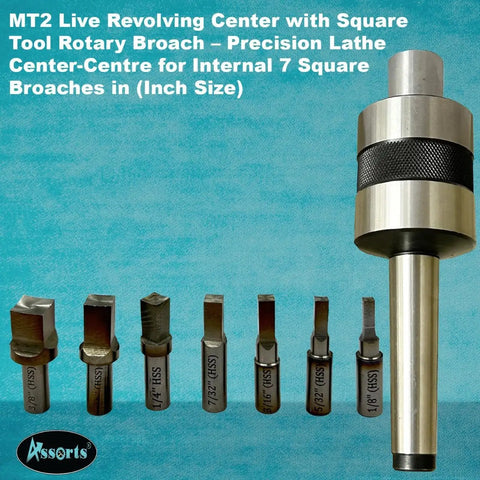 Rotary MT2 Broach Tool Holder With Square Broach Set Imperial Includes Complete Kit shown with broaches on blue background