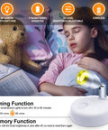 Child sleeping next to teddy bear with Cordless Indoor RGBW LED Spotlight Kit illuminating, displaying timing and memory functions.