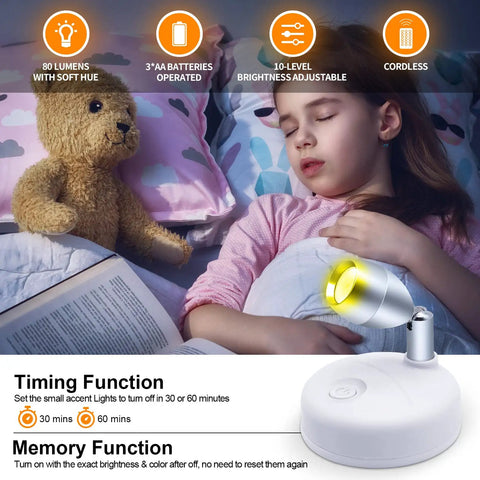 Child sleeping next to teddy bear with Cordless Indoor RGBW LED Spotlight Kit illuminating, displaying timing and memory functions.