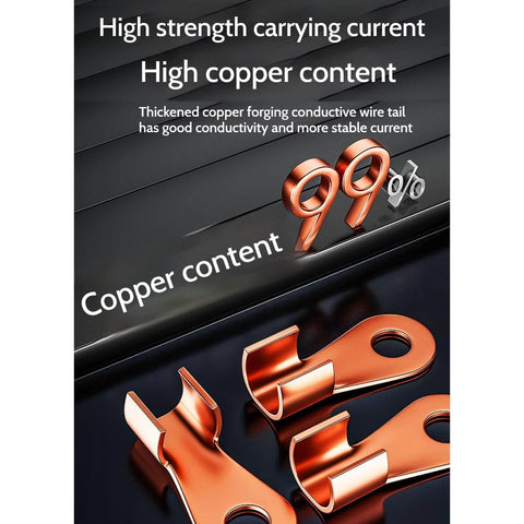High copper content connectors with 99% copper, showing conductive wire ends for stable current on dark background.