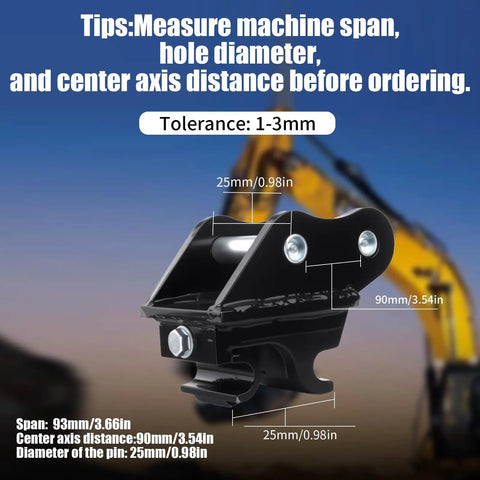 Universal Quick Change Mini Excavator Attachment Connector For Small Diggers front view with detailed measurements