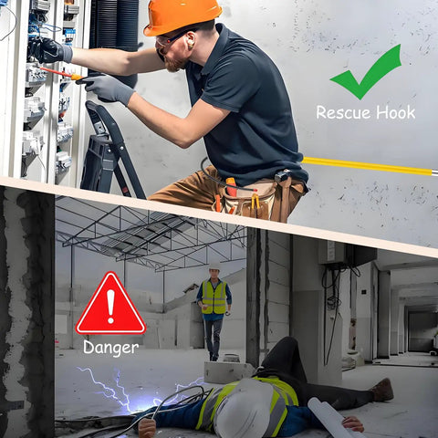 Voltage Safe Insulated Rescue Hook With 18 Inch Telescoping Reach for Electricians and Auto Techs used in electrical emergency.