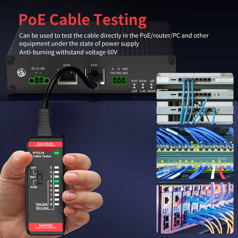 All In One Ethernet Cable Tester For LAN And Telephone Lines RJ45 RJ11 Cables From CAT5 Through CAT7 Quick Continuity Short Open Wire Miswire And Shield Status Detection Great For Home Repair And DIY Tech Pros handheld master unit testing PoE ports and patch cables