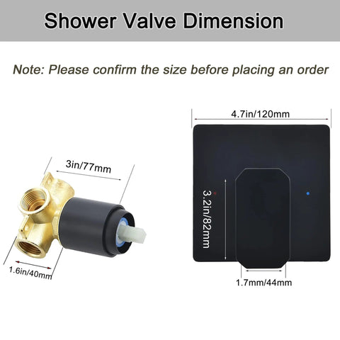 Matte Black Square Shower Valve Kit With Rough In Valve, Single Function Shower Faucet Mixer dimensions and components