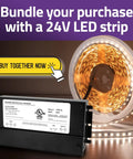 Dimmable LED Driver 24V 60W With Smooth No Fuss Flicker Free Dimming next to coiled LED strip, UL Listed sticker visible.