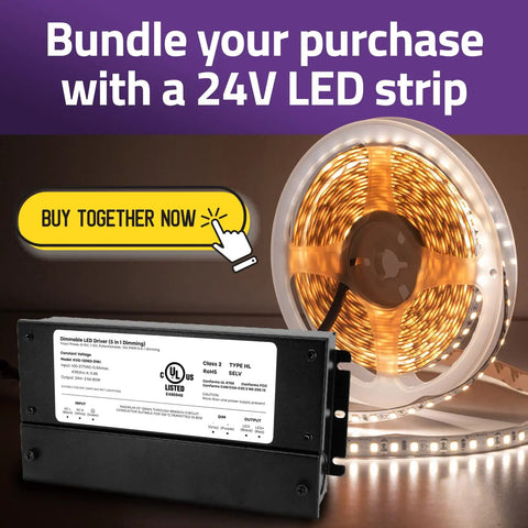 Dimmable LED Driver 24V 60W With Smooth No Fuss Flicker Free Dimming next to coiled LED strip, UL Listed sticker visible.
