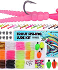All In One Trout Fishing Lure Kit 165 Piece Set With Split Tail Grub Worms Shad Dart Jig Heads Floats And Sinkers For Creek And River Freshwater Fishing Ideal For Seasonal Trout Crappie And Panfish displayed in box