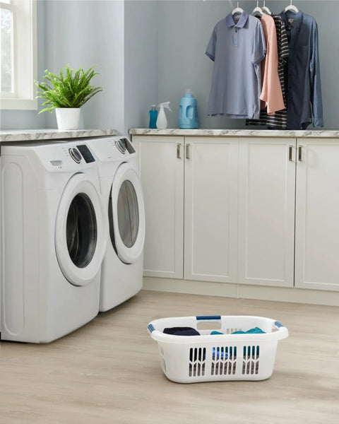 Hip Hugger Laundry Basket With Easy One Hand Carry Grip One And A Half Bushel White Hamper in modern laundry room