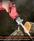 Compact Cordless Reciprocating Saw Kit With Dual Lithium Ion Batteries And Easy Blade Swap cutting through a log.