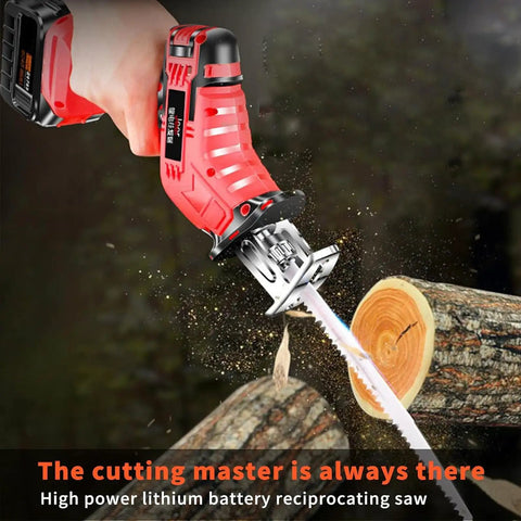 Compact Cordless Reciprocating Saw Kit With Dual Lithium Ion Batteries And Easy Blade Swap cutting through a log.