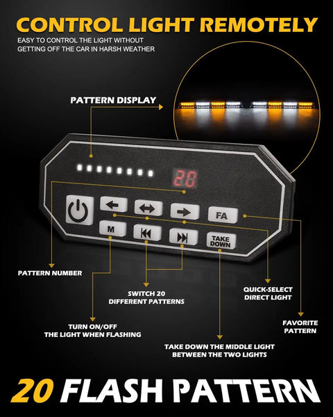 Control panel displaying 20 flash patterns for Emergency Dash Strobe Lights Bar With 48 LED High Brightness Amber White Take Down.