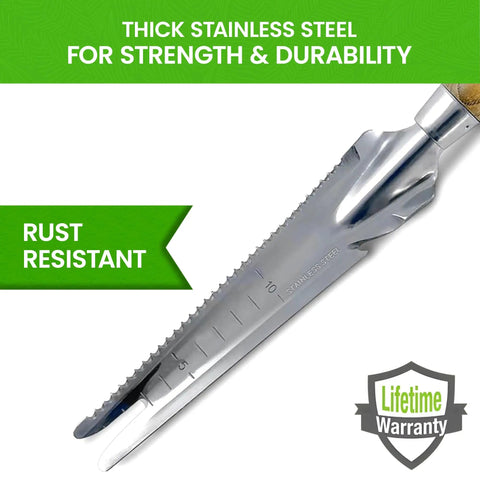 Ergonomic Do-It-All Hand Weeder Trowel 5-In-1 Stainless Steel Garden Tool showcasing rust-resistant blade and lifetime warranty