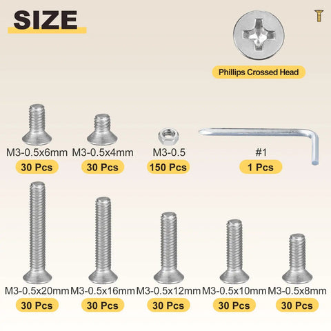 Indoor Metal Fasteners Kit With Stainless Steel Countersunk M3 0.5 Threaded Bolts And Nuts 360 Piece DIY Ready Bundle sizes