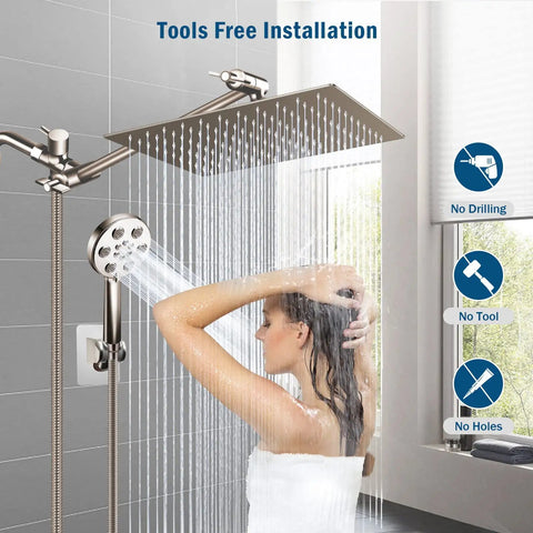 Brushed Nickel Dual Shower Head System With 12-Inch High-Pressure Rain Head And 6-Setting Handheld Combo, Built-In Power Wash, 11-Inch Extension Arm And 60-Inch Hose, Height And Angle Adjustable For A Next-Level Bathroom Upgrade