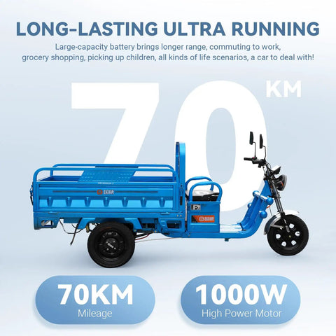 Electric Cargo Tricycle With A 1000W Beast Motor, 60V 45Ah Battery, Huge Capacity, Range 60 To 70Km, Can Haul 1100 Lbs, Eco Friendly Urban Hauler, Tough Steel Frame, Quick And Easy Assembly For Real World Cargo, blue side view