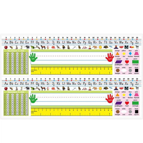 Self Adhesive Desk Nameplates Set For Primary Students Pack Of 36 14 By 4 Inches Manuscript Alphabet, numbers, symbols, colors.