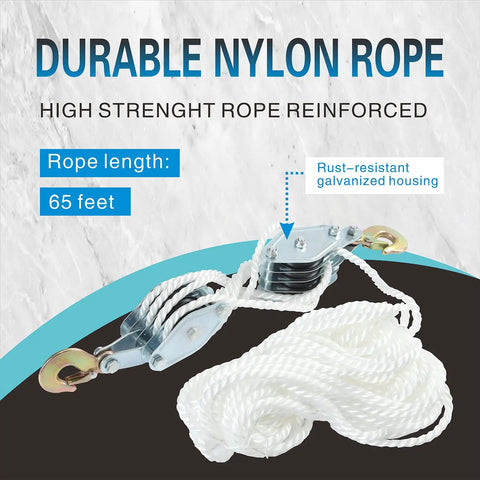 Heavy Duty Rope Hoist Kit With 4000 Lb Breaking Strength, 65 Ft Poly Rope, 2 Ton Wheel Block And Tackle System visible