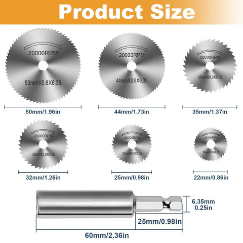 Beefy Cutting Wheel for Drill and Rotary Tool - 6 Steel Saw Blades with 1/4 Inch Hex Short Shank, showing various sizes.