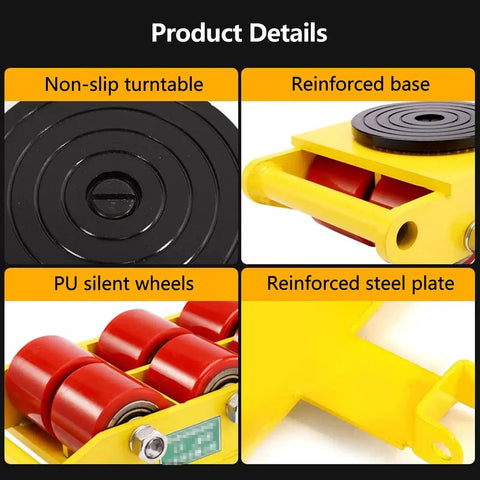 Product details of Badass Heavy Duty Moving Skates With 360 Degree Swivel And Non Slip Pads showcasing non-slip turntable and PU wheels.