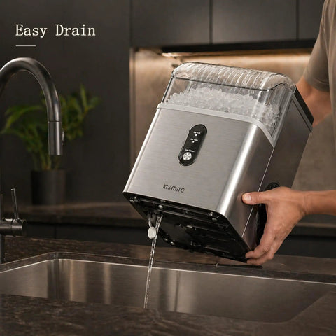 Nugget Ice Maker Countertop With 35 Lbs Per Day Fast Ice In 7 Minutes shown being drained over a kitchen sink