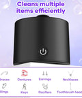 Black Retainers And Aligners Ultrasonic Cleaner 50kHz Dental Pod with power button and cleaning capabilities for oral items.