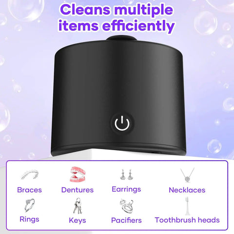Black Retainers And Aligners Ultrasonic Cleaner 50kHz Dental Pod with power button and cleaning capabilities for oral items.