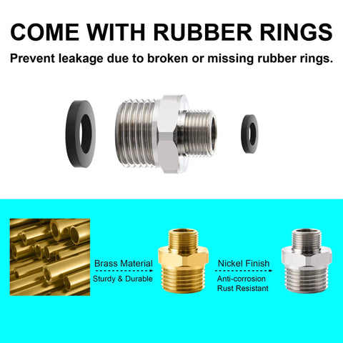 Brass RV Faucet Reducer Adapter One Half To Three Eighths Compression Fitting For RV Kitchen Plumbing And Water Hose Connections With Rubber Washer Pack Of 2 Easy-Install Dope Brass Fittings image showing nickel finish and rubber washers.