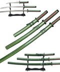 3-Piece Samurai Sword Set With Stand Green Scabbard Katana Wakizashi Tanto 1095 Carbon Steel Unsharpened Blades Full Tang Display