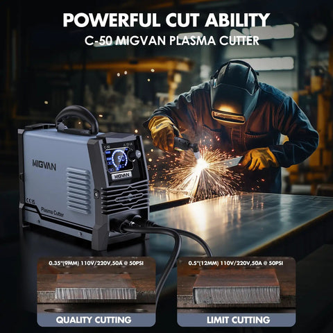 Beefy 50 Amp Plasma Cutter With Dual Voltage 110V To 220V, Large LED Screen Display, cutting metal in workshop, includes torch